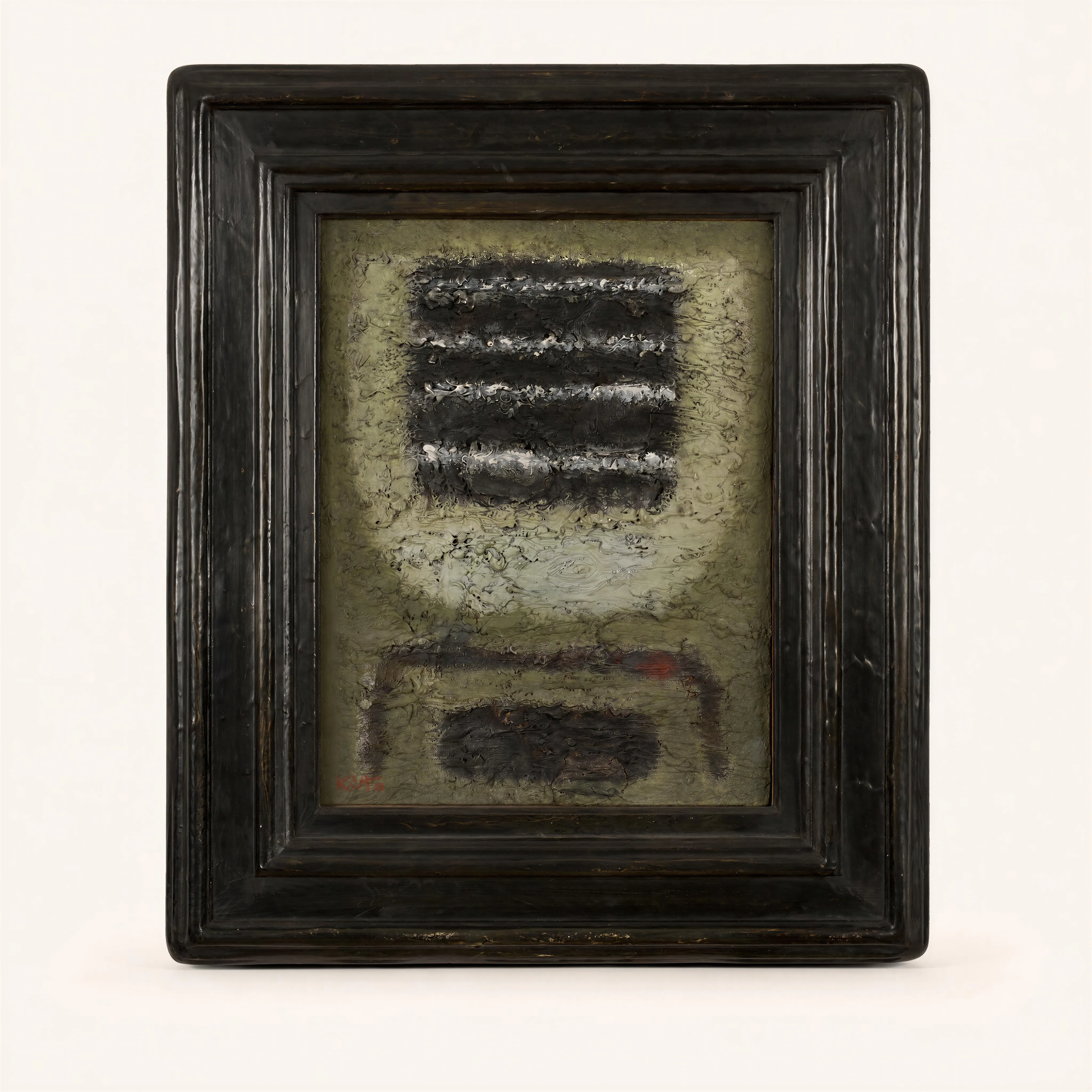 An abstract oil on panel. Set against a granular background in shades of sage green and ochre, the composition centers on two stacked dark masses. The upper form is structured into thick horizontal black bands highlighted with strokes of white, while the lower section features a dark rectangular block beneath a faint arched outline, punctuated by a subtle touch of red. 
Signed lower left ; titled, countersigned and dated on the back.