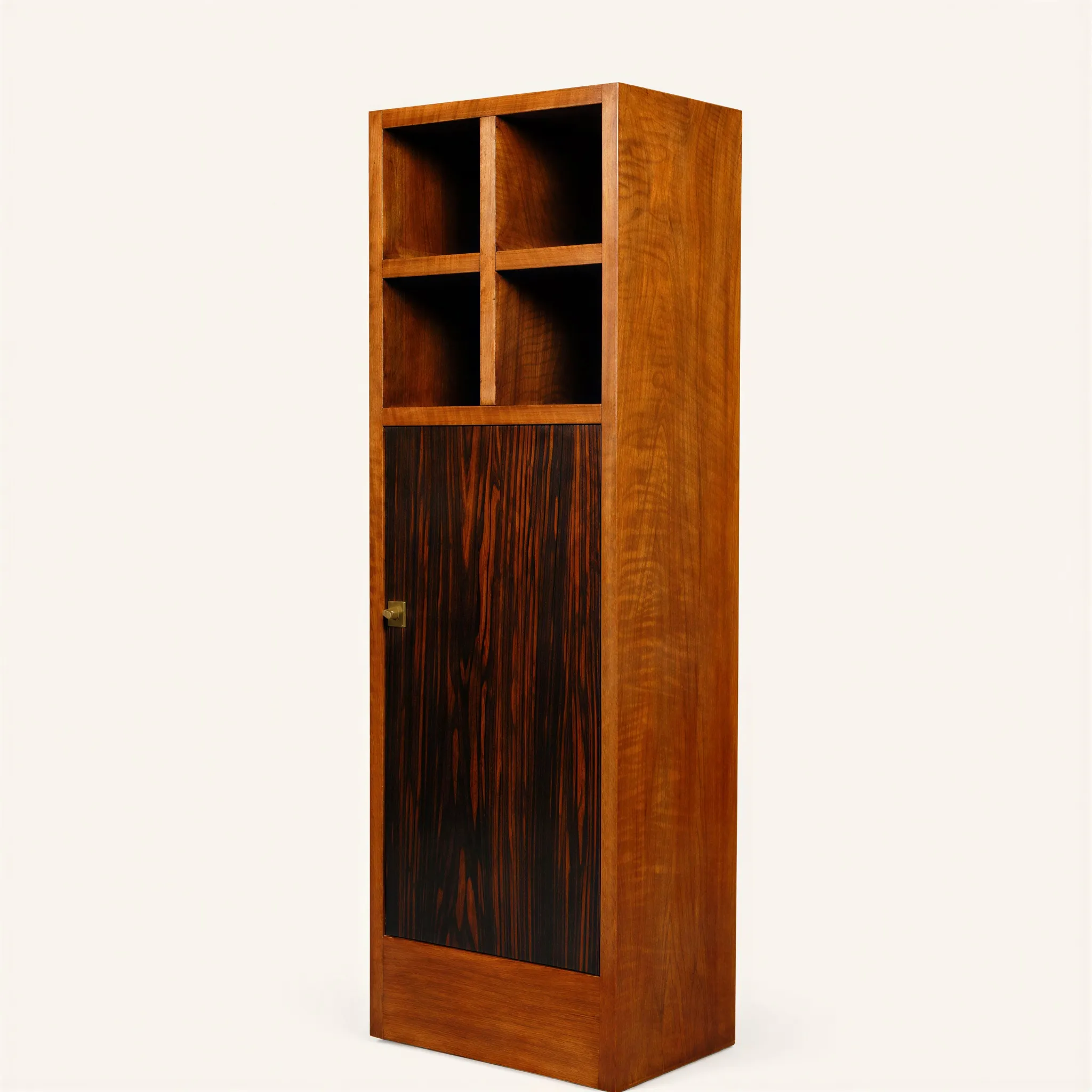 Column cabinet in solid walnut. Its upper portion incorporates four open pigeon holes. The lower section is enclosed by a solid door in Macassar ebony. The entire structure rests on a solid walnut base.

Unique piece. 
Ref. « signé sornay. » p.224.

This piece has been created before the nails patent so before 1932. The pre-cloutage production featured strongly built pieces of furniture characterized by their simple lines, constructed in accordance with traditional cabinetmaking practice. At this period most production is 'on order'.