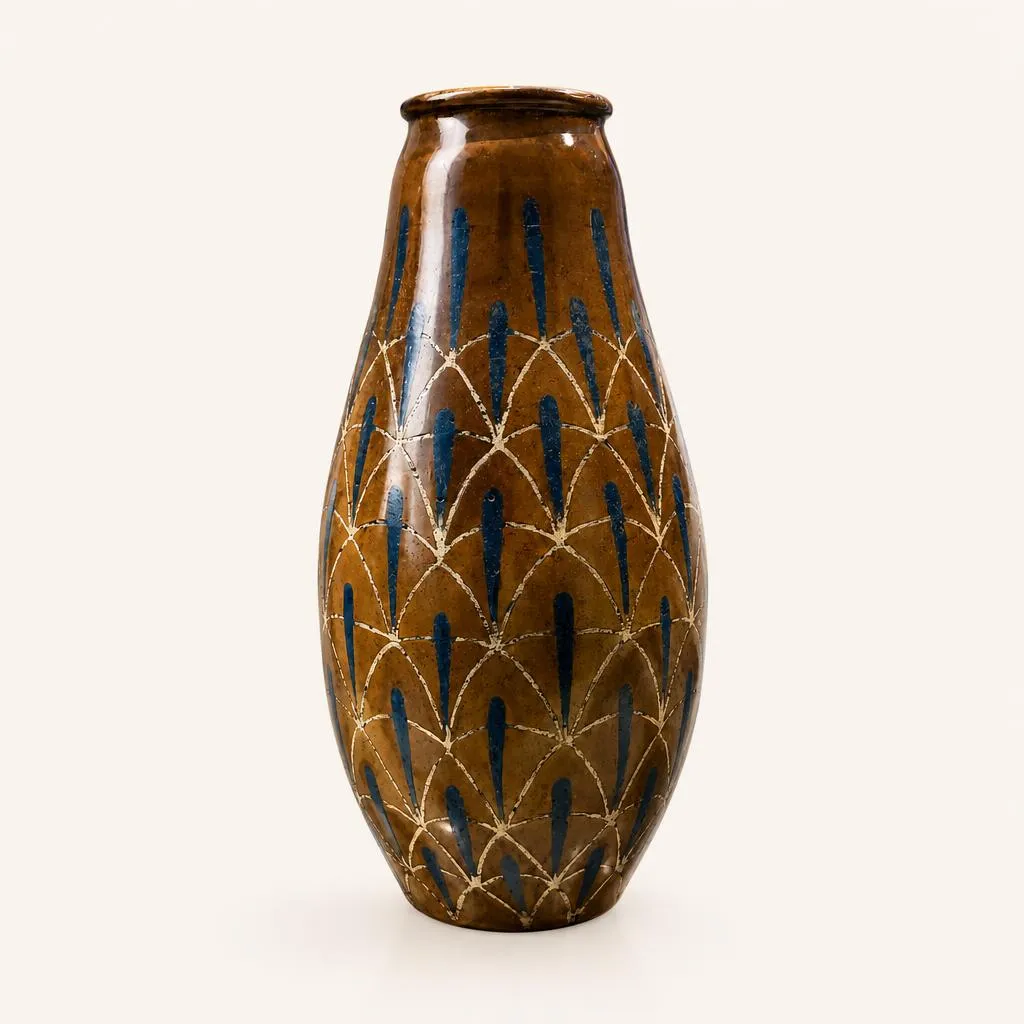 Vase ovoïde en céramique édité par l'Atelier d'art Primavera. La pièce présente une forme élancée au col légèrement resserré. Le corps est habillé d'un émail brillant ocre-brun gravé d'un décor géométrique incisé : une résille de fines alvéoles blanches dessinant un motif d'écailles ou de plumage stylisé, rehaussée de gouttes d'émail bleu profond au cœur de chaque motif