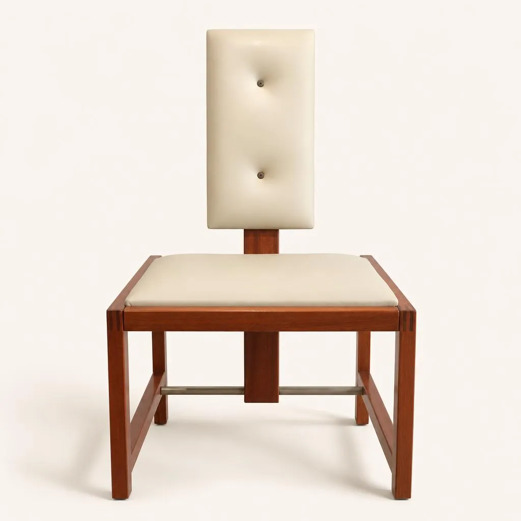 Chaise en acajou et métal. Sa structure géométrique rigoureuse se compose d'un cadre latéral en acajou réuni par des entretoises tubulaires en métal. Le dossier étroit, légèrement incliné et ponctué de deux boutons de capitonnage, est suspendu au centre par un puissant montant vertical. L'assise carrée et le dossier sont recouverts d'un cuir beige.

Modèle similaire répertorié p. 71 dans « André Sornay » par Thierry Roche.

André Sornay élabore un système de montage rapide des meubles dont il dépose les différents brevets entre 1953 et 1955. Ce brevet, la « tigette Sornay » s’avère révolutionnaire. Ce procédé fonde tout le système du mobilier dit en « kit » utilisé de nos jours. Le montage du meuble se borne à l’assemblage d’un cadre arrière muni d’inserts filetés destinés à recevoir les tigettes et d’un cadre avant. Les écrous sont laissés apparents en façade. 