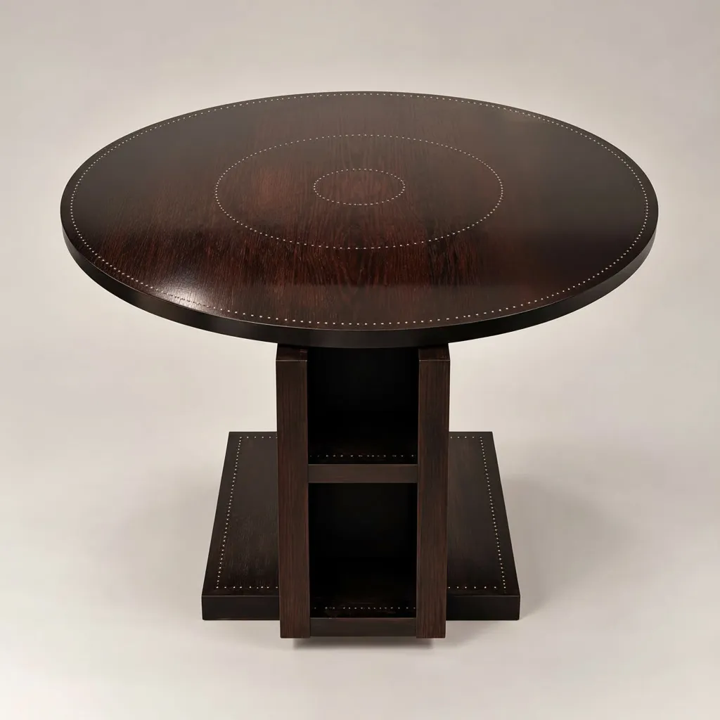 Table basse  à la structure architecturale asymétrique en chêne foncé clouté. L'objet se compose d’un plateau circulaire surmontant un piétement géométrique évidé formant niche de rangement. 

André Sornay développe son premier brevet en 1932 : la technique du «cloutage» qui rappelle les rivets d’avion. Ce procédé permet de réunir des panneaux plaqués d’essences fines à la structure du meuble. L’alignement des clous devient ainsi une marque de fabrique et un élément décoratif. Ce brevet engendre la fabrication de « mobiliers cloutés » diffusés en petite série, et accessibles au plus grand nombre.