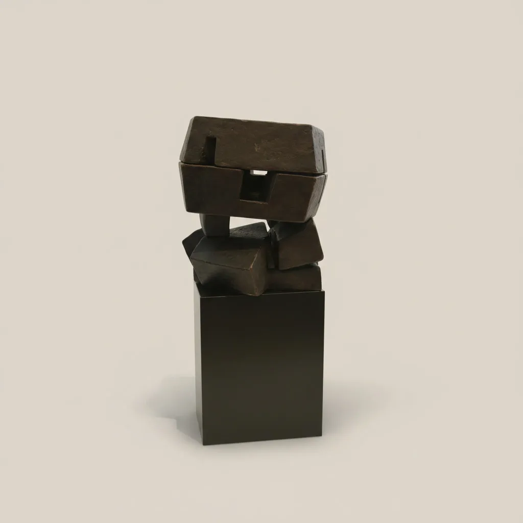 The artwork takes the form of a massive, geometric structure in raw bronze. It consists of an assembly of stacked angular blocks. The lower section is composed of irregular polygonal volumes that serve as a base for an imposing upper rectangular block. This main block is pierced by deep, straight-edged cavities. The title “Cumes” (Cumae) refers to the ancient city of the same name in Italy, famous for the Cave of the Sibyl, which resonates perfectly with the archaic, mysterious, and cavernous quality of this sculpture, evoking an archaeological relic.

Foundry: Valsuani Fondeur, Bagneux, France   
Edition: Artist's proofs EA I/III and edition of 5/6   
Literature: Ipoustéguy: “L'Œuvre sculpté, Catalogue raisonné 1938-2000”, referenced under no. 91  