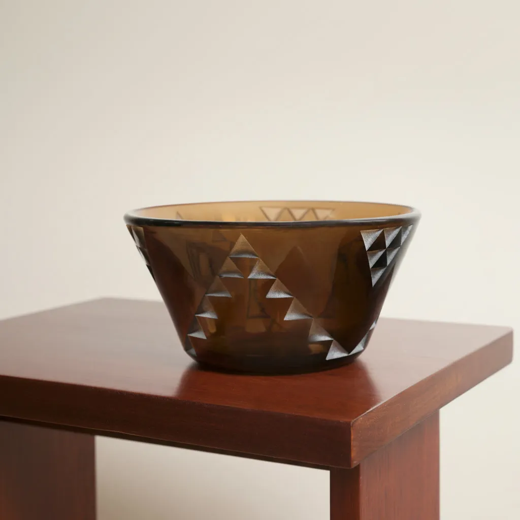 A flared circular bowl with truncated conical walls in thick amber-tinted glass. The body is punctuated around its circumference by a continuous geometric pattern composed of large pyramidal motifs formed by superimposed, stepped triangles.