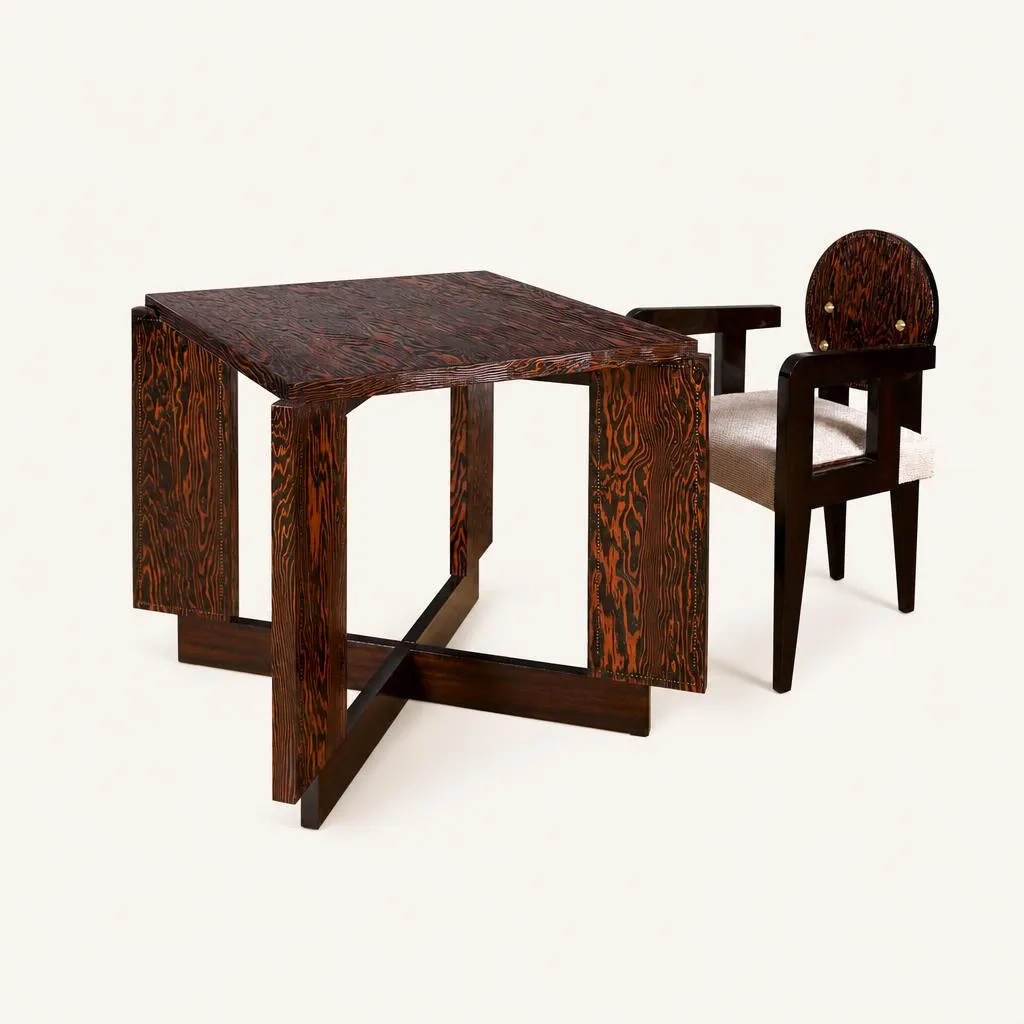 Game table and four original bridge armchairs