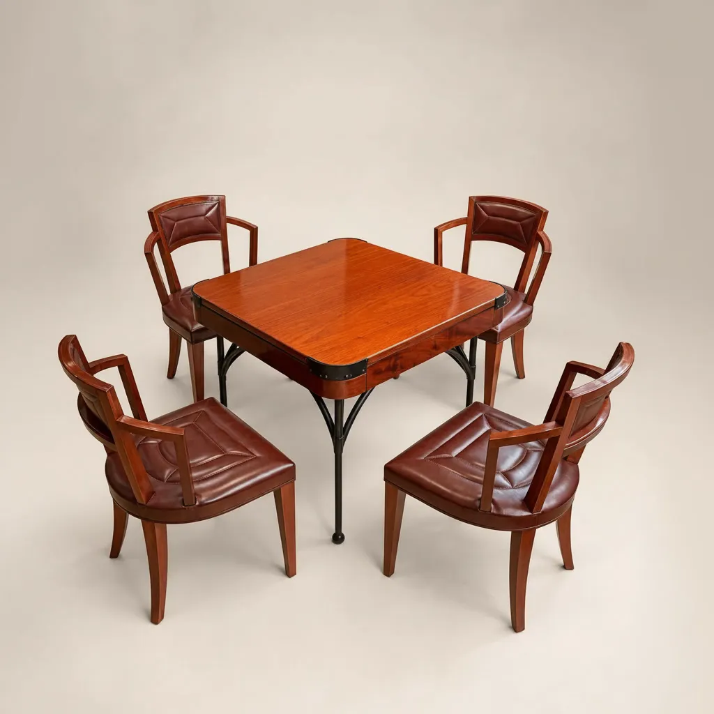 Table à jeux en acajou à plateau réversible, agrémentée de 4 tablettes escamotables aux angles. La ceinture est pourvue de protections d'angle en métal patiné noir à rivets apparents. Elle repose sur 4 pieds tubulaires droits en métal patiné noir, réunis par des arcatures.   
La table est accompagnée d’un ensemble de 4 chaises en acajou. Dossier demi-plein et accoudoirs raccourcis en appui, reposant sur 4 pieds sabre. Dossier et assise garnis de cuir à motif géométrique surpiqué. 

Modèle similaire reproduit dans :
• Marc Vellay et Kenneth Frampton, Pierre Chareau, architecte meublier, Édition du Regard, Paris, 1984, p. 71.
• René Herbst, Pierre Chareau, Encyclopédie des métiers d'art, tome 1, planches 63-65, p. 66.