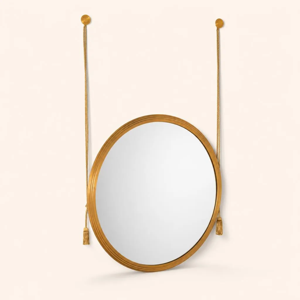 Miroir circulaire doté d'un large cadre moulé en bronze doré. D'une grande pureté géométrique, la structure est conçue pour être suspendue à deux patères murales circulaires en laiton ou bronze doré par de longs cordons tressés assortis. Ces cordes longent les flancs de la pièce pour se terminer de chaque côté par un gland décoratif à franges passementées.  