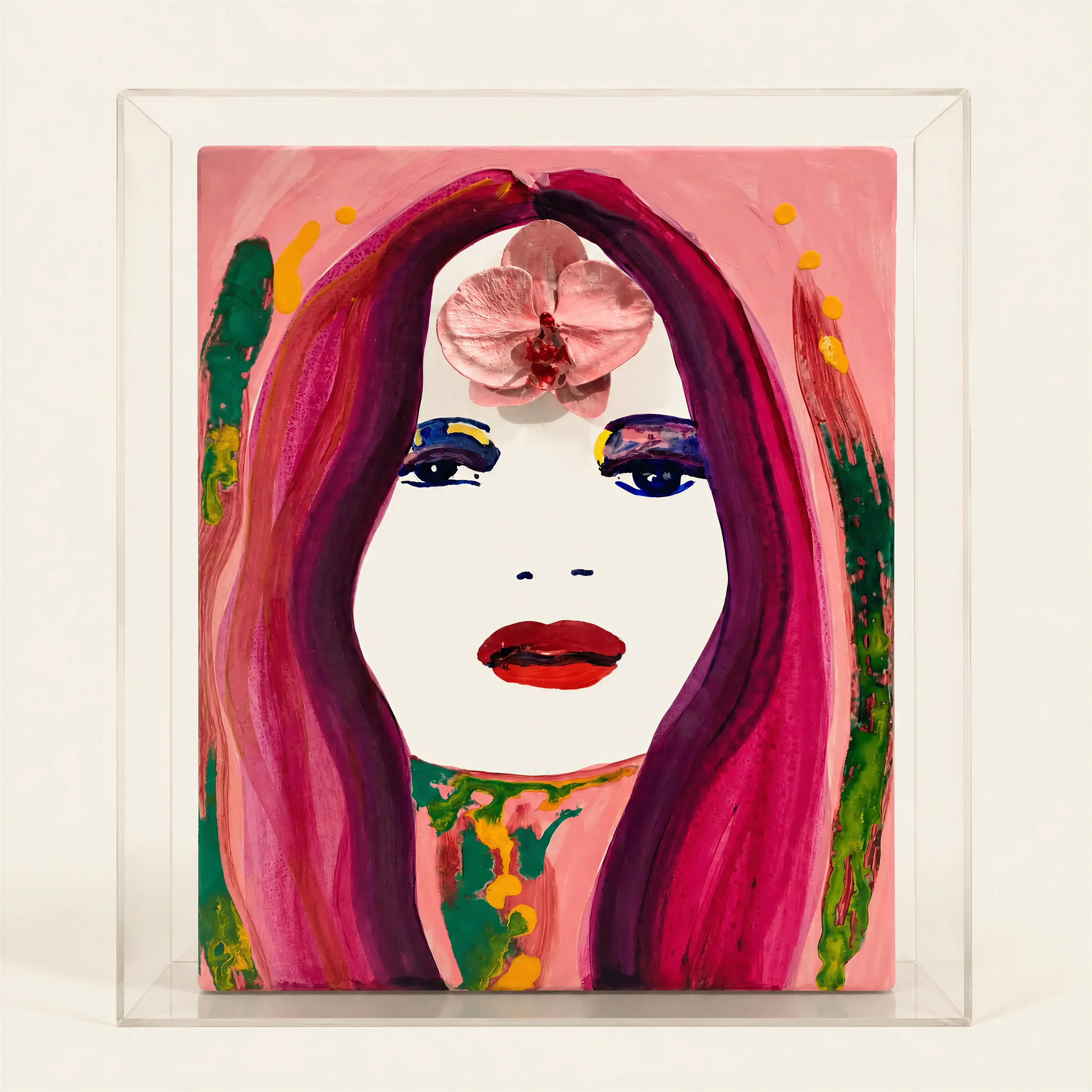 A stylized acrylic female portrait boasting a bold Neo-Pop aesthetic. The stark, graphic white face features vibrant red lips and eyes heavily highlighted with blue and purple eyeshadow. It is framed by a cascading mane of long hair painted in flowing streaks of pink, magenta, and deep purple. A 3D pink silicone orchid flower is affixed in relief to the center of the forehead. Fluid drips and splashes of bright green and yellow acrylic paint border the composition, adding dynamic energy to the canvas.