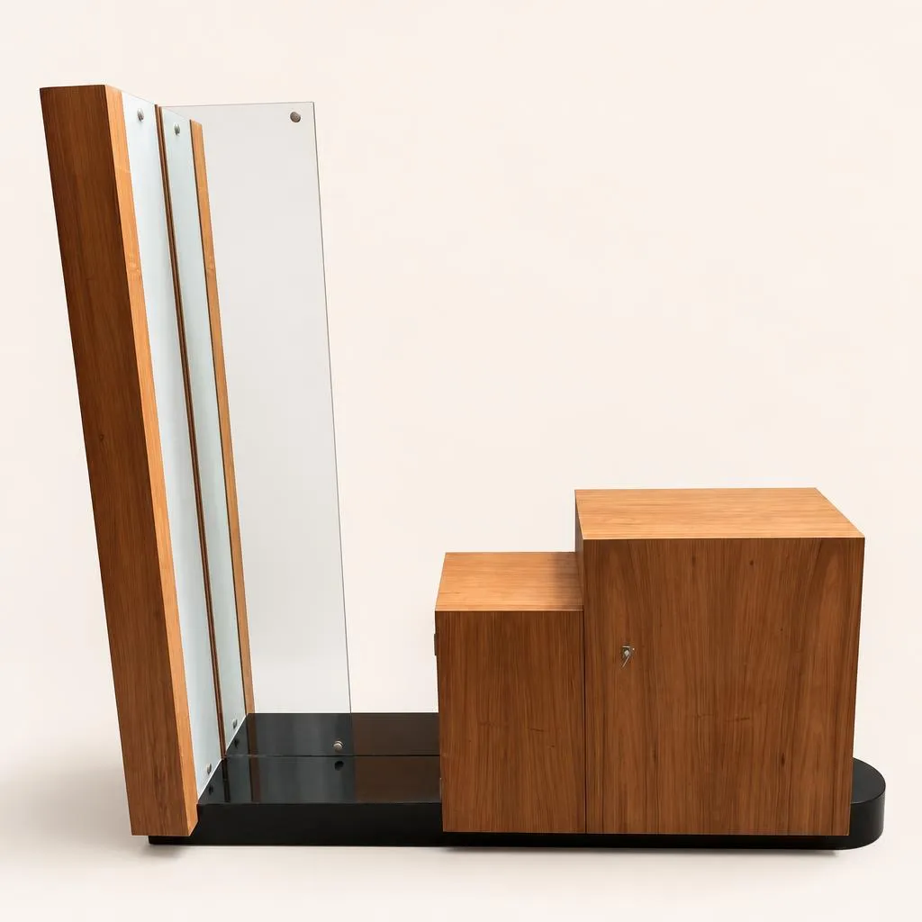 Coiffeuse lumineuse en bubinga et bois noirci. Elle repose sur un socle en bois noirci à l'extrémité droite arrondie. La partie gauche est occupée par un grand miroir toute hauteur bordé d'une colonne lumineuse à dalles de verre sablé enchâssées dans un montant en bubinga. La partie droite intègre un caisson de rangement double disposé en escalier, ouvrant par deux portes sur un intérieur aménagé d'étagères.

Pièce unique.

Cette œuvre a été crée avant le brevet du cloutage donc avant 1932. Cette première production se caractérise par des meubles puissamment charpentés aux lignes simples, construits suivant les normes de l’ébénisterie traditionnelle. À cette époque, la production est essentiellement constituée de pièces uniques, plus rarement de meubles fabriqués à quelques exemplaires.