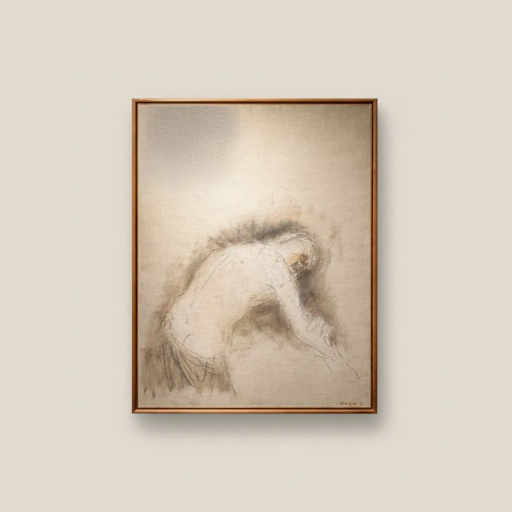 Composition introspective figurant un personnage nu, le buste fortement incliné vers l'avant dans une posture de recueillement ou d'épuisement. Traitée dans une gamme chromatique d'ocre, de rose poudré et d'ombrages bruns, cette œuvre s'inscrit dans la période tardive de Zoran Mušič, caractérisée par une grande économie de moyens, une recherche de silence et une dépouillement formel de la figure humaine. 