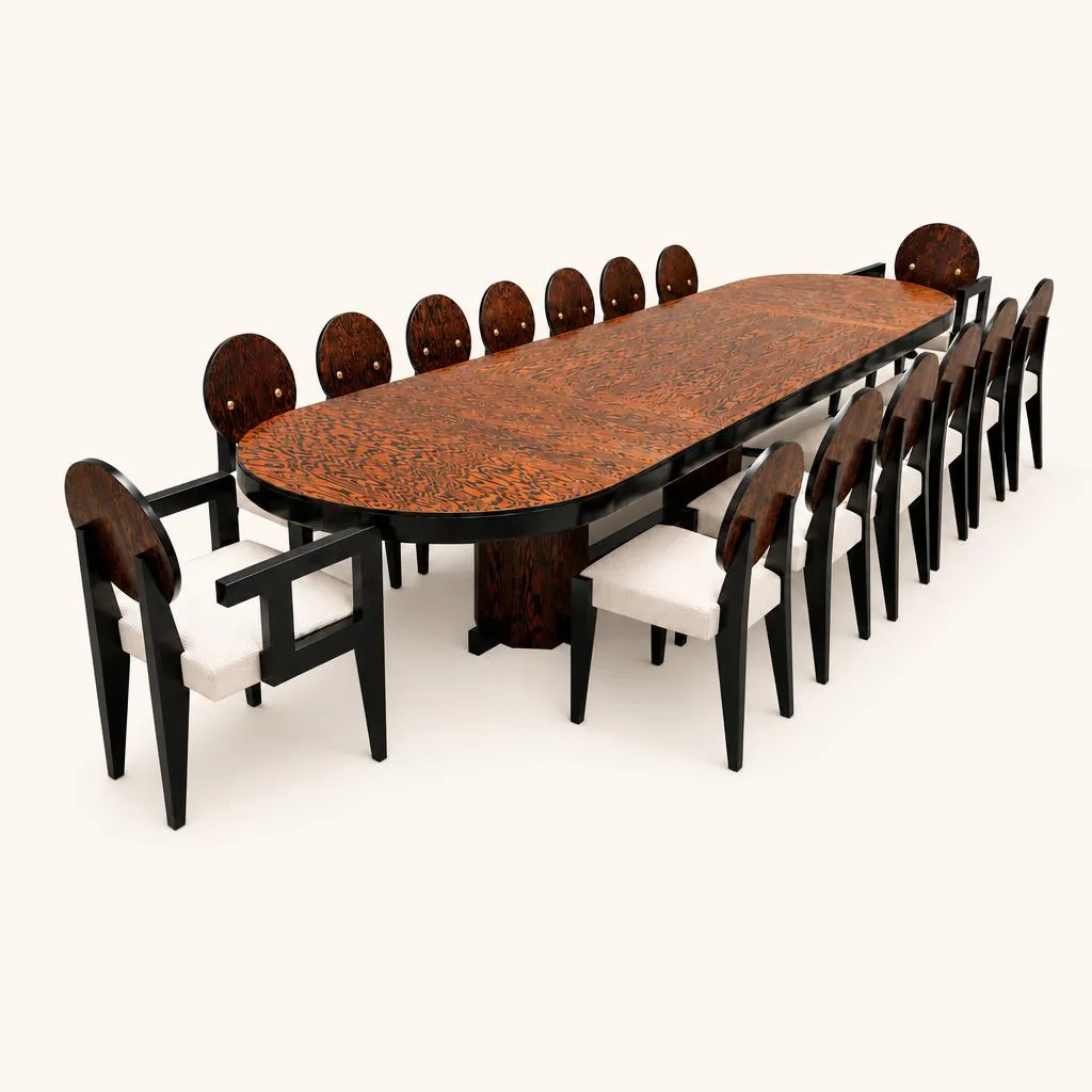 Une table de salle a manger en pin d’Oregon clouté, avec deux allonges. Grande table de salle à manger de forme oblongue en pin d'Oregon clouté et acajou massif, conçue par André Sornay. Le plateau aux extrémités arrondies intègre un système de deux allonges centrales amovibles permettant d'atteindre une longueur exceptionnelle de 3m70. L'ensemble repose sur un piètement central en acajou teinté.

Le pin d’Orégon est d’abord travaillé à la brosse métallique afin de créer du relief, il est ensuite teinté en foncé puis poncé, la teinte reste dans les parties creuses alors que les crêtes retrouvent leur couleur naturelle tirant sur l’orange. Par cette méthode originale, André Sornay obtient des décors bicolores où le brun foncé et l’orange se côtoient en vagues longues et sinueuses presque magnétiques suivant le caprice du veinage.