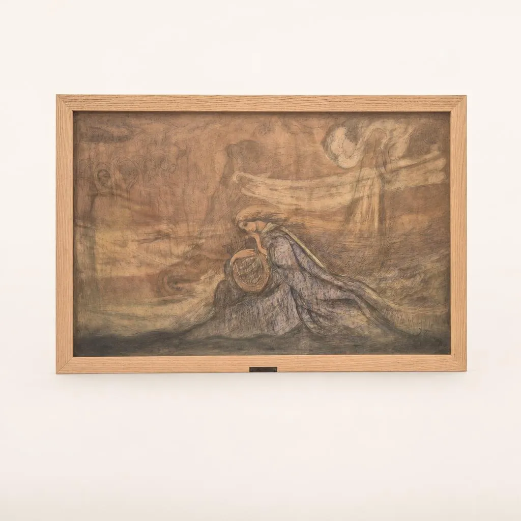 Composition symboliste représentant le poète et musicien mythique Orphée, drapé dans un long manteau et tenant sa lyre. L'œuvre se distingue par son tracé sinueux au crayon noir et ses lavis d'aquarelle aux tonalités sépia, ocre et bleu poudré, créant une atmosphère onirique et vaporeuse. Cette pièce témoigne de l'esthétique Art nouveau et du symbolisme envoûtant caractéristique du maître néerlandais. 

Signé en bas à droite.