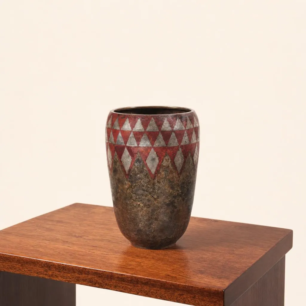 Vase ovoïde à col droit en dinanderie de cuivre montée au marteau. La partie supérieure est ornée d’une frise géométrique composée de triangles et de losanges incrustés d’argent et de maillechort sur fond de patine rouge. Le corps présente la patine brune et nuancée caractéristique du dinandier lyonnais.

Signé « CL.LINOSSIER »