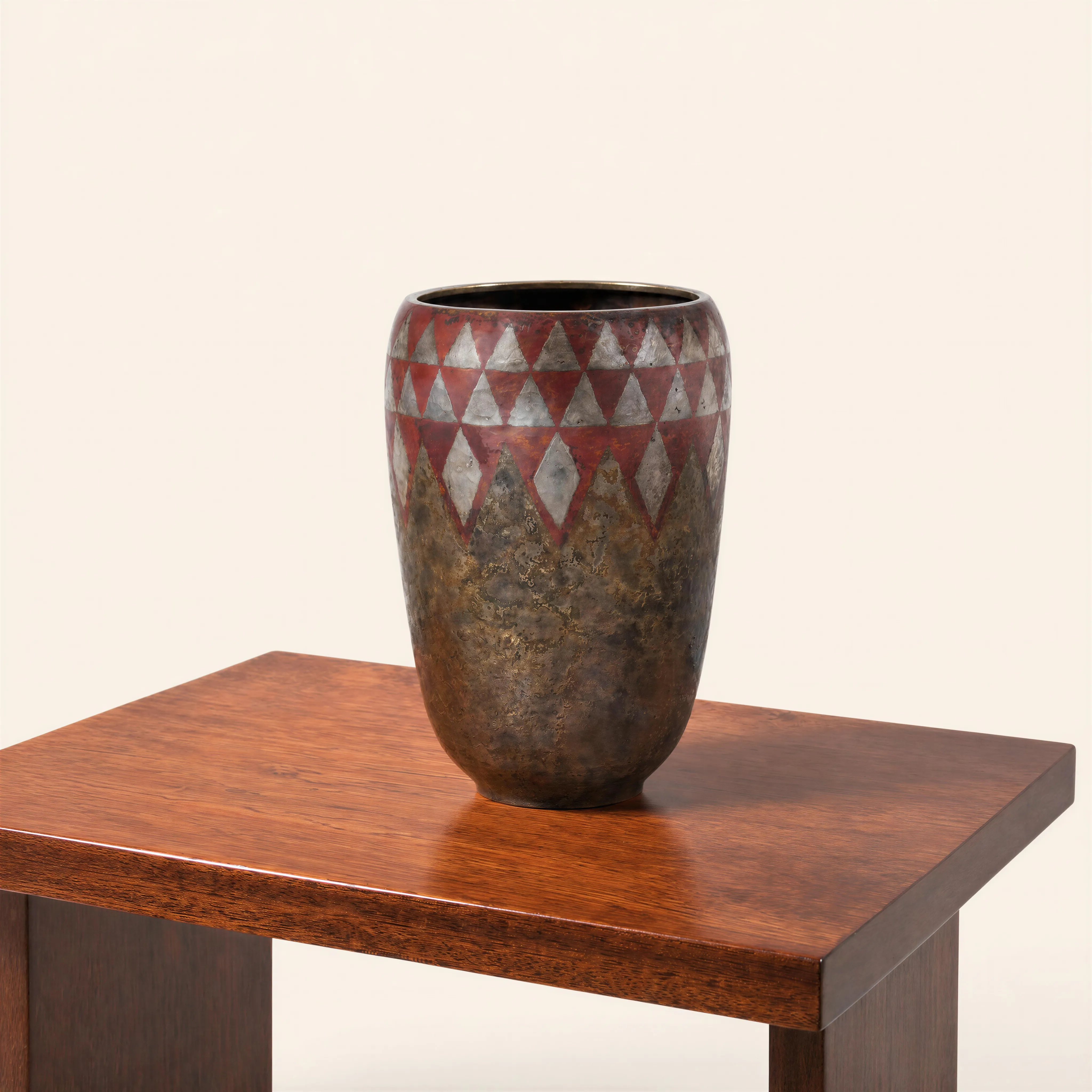Ovoid dinanderie vase with geometric decoration 