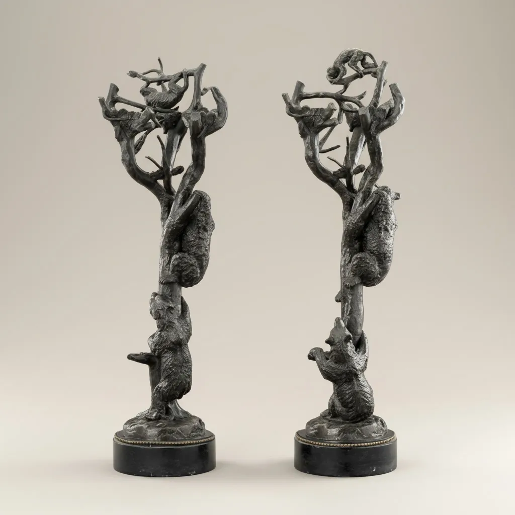 A pair of patinated bronze sculptures depicting young bears scaling gnarled tree trunks toward a monkey perched among the top branches. Each piece is set upon a circular black marble plinth edged with a beaded bronze border.   
These lively compositions perfectly demonstrate Christophe Fratin’s mastery of anthropomorphic animal sculpture, combining his iconic bear subjects with whimsical singeries. The detailed chasing of the fur and rough bark, along with the narrative dynamism, reflect the romantic and satirical spirit that defined Fratin's celebrated oeuvre. 

Foundry: Soyer and Ingé.

Signed "FRATIN" on the base.

Similar examples in the collection of the Musée du Louvre, France.