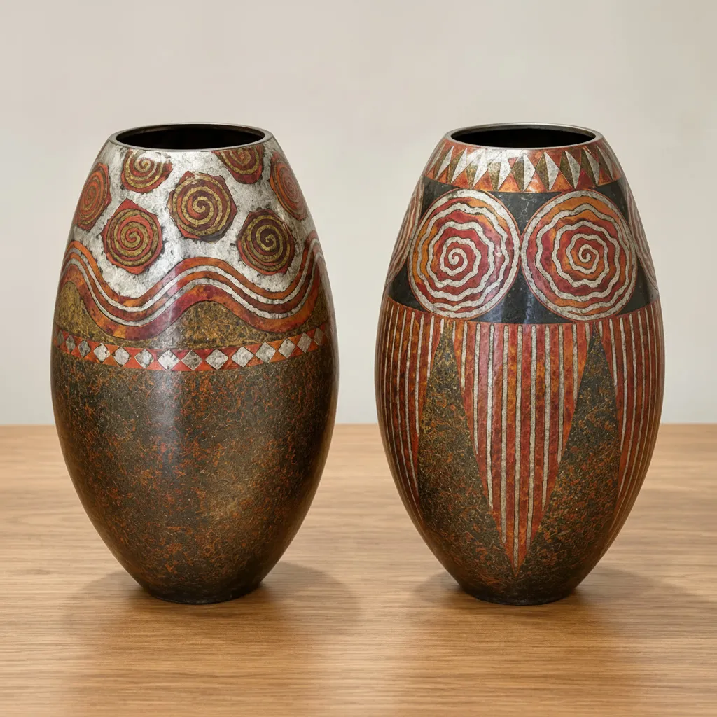Paire de vases en dinanderie.
Le premier vase présente un décor géométrique rythmé de disques à spirales, de lignes ondoyantes et d'une frise de losanges incrustés.   
Le second vase arbore en partie supérieure deux grands motifs circulaires concentriques surmontant un réseau de bandes verticales effilées et une frise de triangles.   