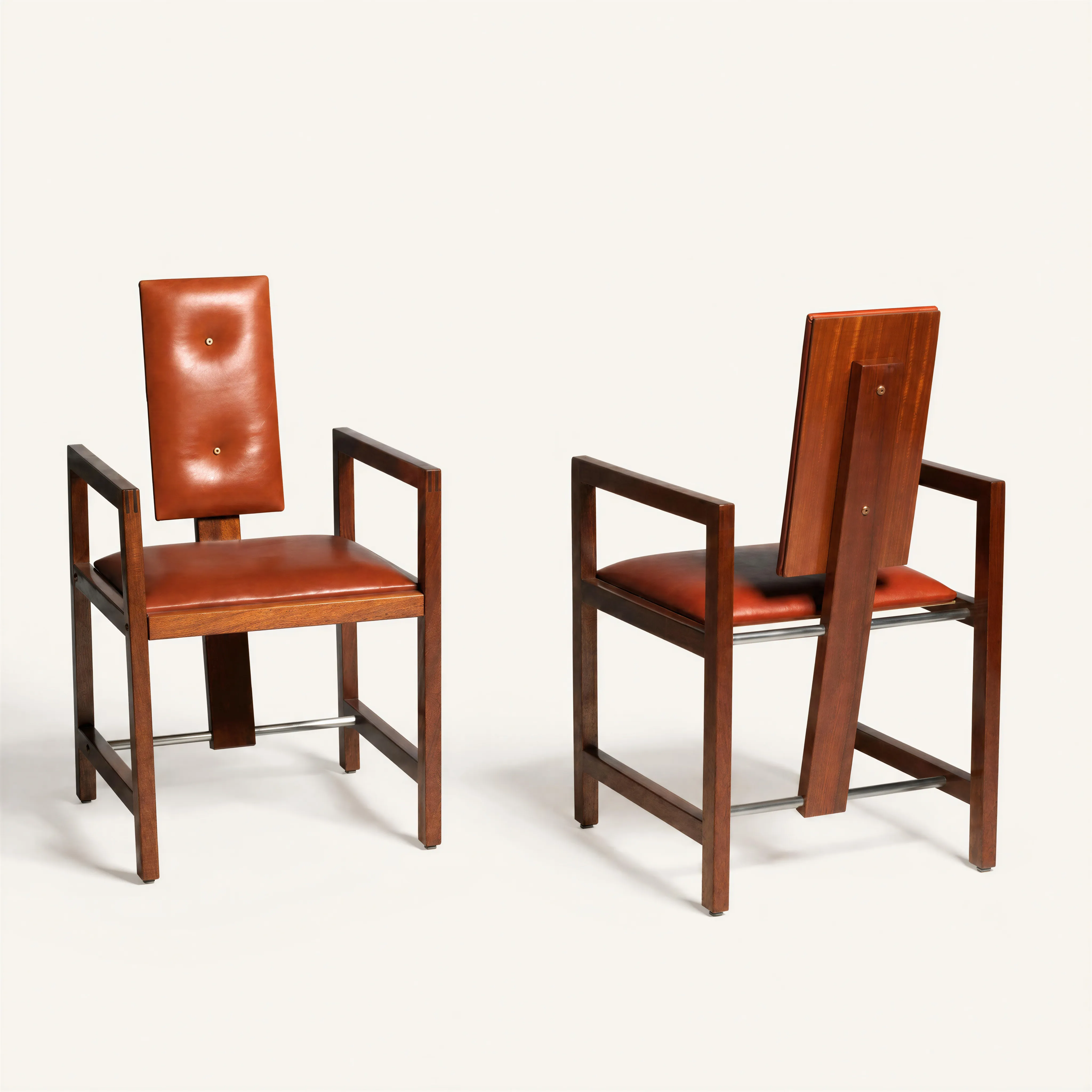 Pair of mahogany and metal 'bridge' armchairs