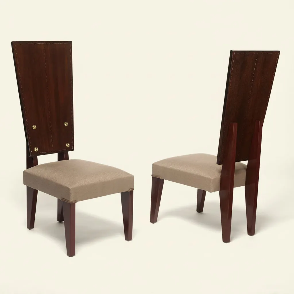 Paire de chauffeuses arborant un haut dossier vertical en acajou clouté, subtilement évasé vers le sommet et rythmé à sa base par quatre clous décoratifs en laiton apparents. Garnie d'un tissu clair, l'assise repose élégamment sur un piétement fuselé en amarante.

André Sornay développe son premier brevet en 1932 : la technique du «cloutage» qui rappelle les rivets d’avion. Ce procédé permet de réunir des panneaux plaqués d’essences fines à la structure du meuble. L’alignement des clous devient ainsi une marque de fabrique et un élément décoratif. Ce brevet engendre la fabrication de « mobiliers cloutés » diffusés en petite série, et accessibles au plus grand nombre.