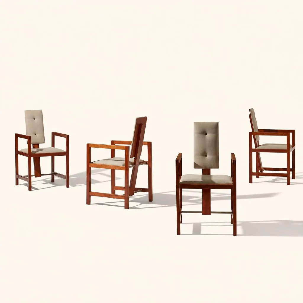 A set of four "bridge" armchairs in solid mahogany. Each piece features an airy, geometric frame with straight armrests integrated into a linear structure with low stretchers. The narrow, padded, and slightly tilted backrest is suspended centrally by a single vertical upright. Both seat and backrest are upholstered in a light-colored fabric, accented with two tufted buttons on the backrest.

André Sornay developed a rapid furniture assembly system, filing various patents for it between 1953 and 1955. This patent, known as the "tigette Sornay," proved to be revolutionary. This process laid the foundation for the entire flat-pack or "kit" furniture system used today. The assembly of the piece is limited to joining a front frame and a rear frame fitted with threaded inserts designed to receive the rods. The nuts are left visible on the front facade.