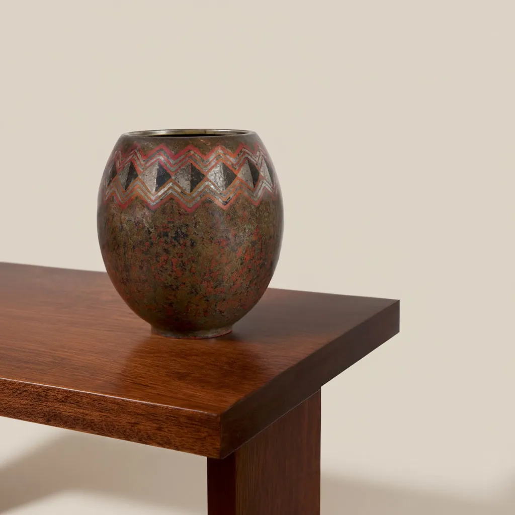 Petit vase de forme boule-ovoïde en dinanderie. L'épaulement est souligné par une frise géométrique incrustée d’argent composée de lignes brisées en zigzags et de losanges sur fond rouge patiné. La partie inférieure arbore une patine brune et marbrée. 