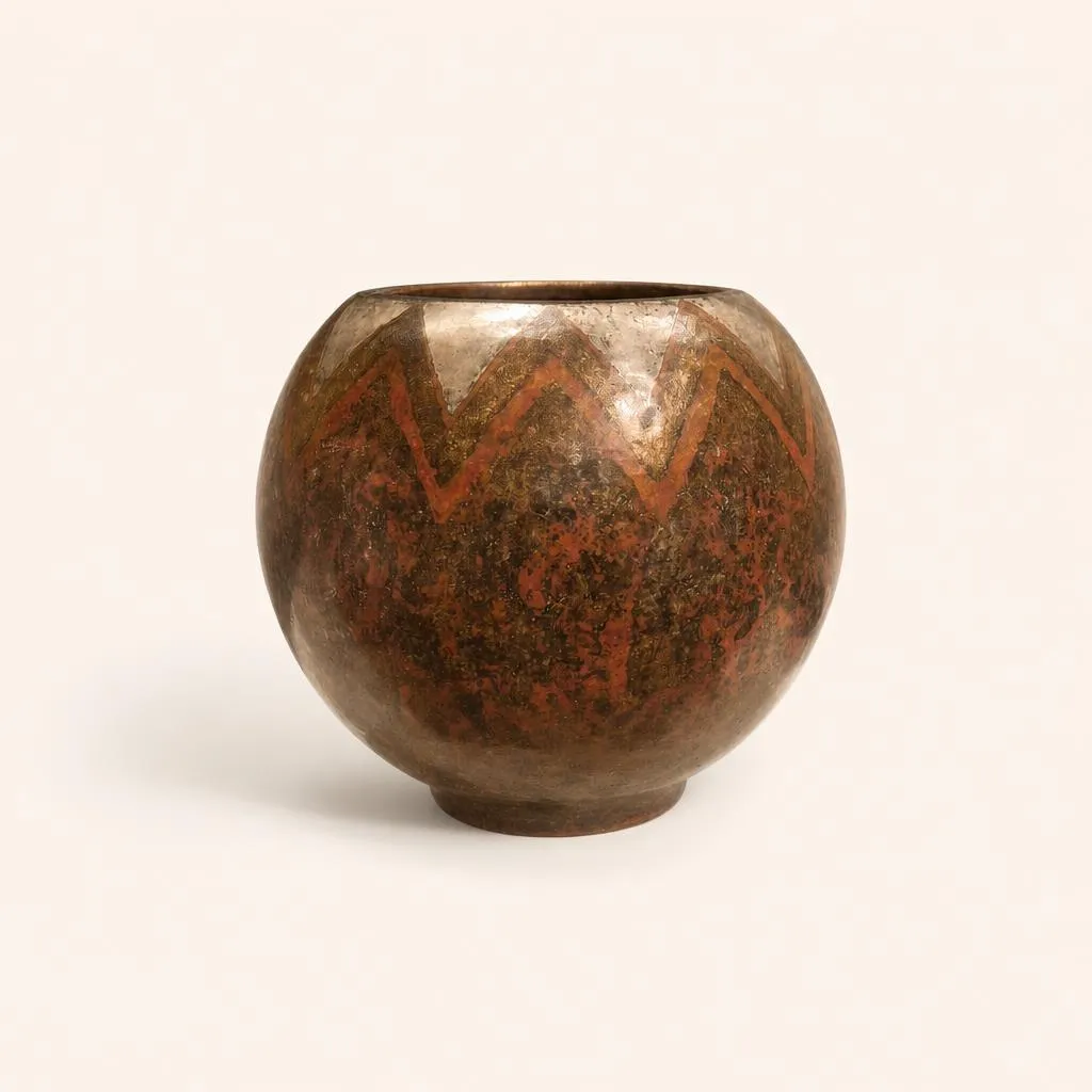 Spherical dinanderie vase on a small ring foot. The upper section is decorated with a wide geometric frieze of silvered chevrons (or zigzags), contrasting with a body that features a rich mottled red, brown, and copper patina. 

Signed "CL Linossier”.