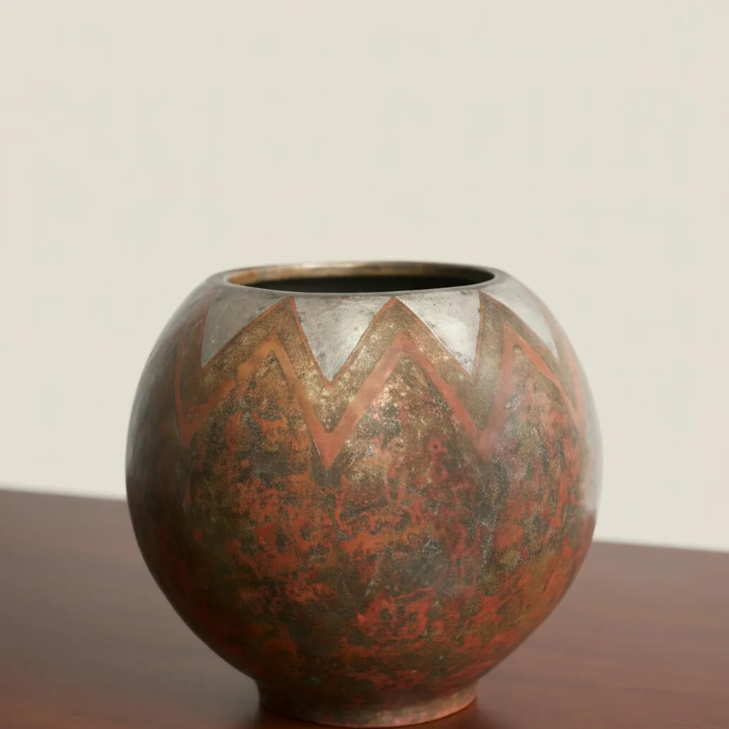 Spherical dinanderie vase on a small ring foot. The upper section is decorated with a wide geometric frieze of silvered chevrons (or zigzags), contrasting with a body that features a rich mottled red, brown, and copper patina. 

Signed "CL Linossier”.