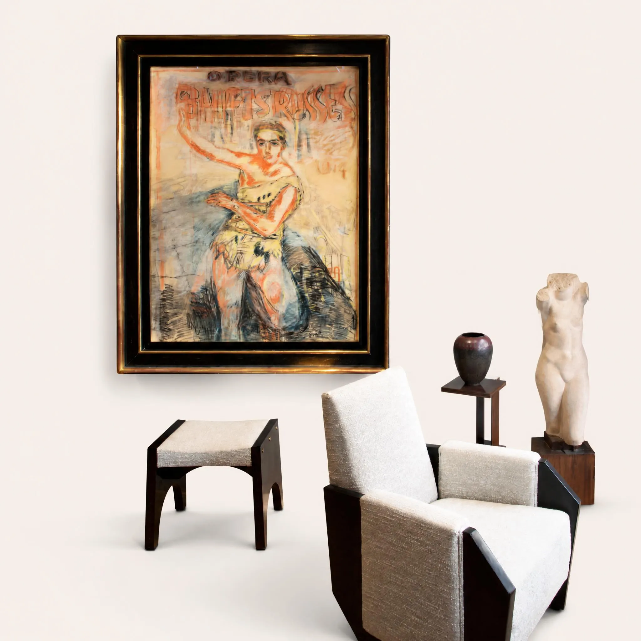 Dessin préparatoire final pour l’affiche du ballet « La légende de Joseph ». 
Déjà célèbre pour ses affiches de la Revue Blanche, Pierre Bonnard est sollicité en 1914 par la prestigieuse compagnie des Ballets Russes de Serge de Diaghilev. Il s'agit de concevoir l'affiche promotionnelle de leur nouvelle création, La légende de Joseph, présentée à l’Opéra de Paris (Palais Garnier) le 14 mai 1914.
Ce ballet réunit un casting d'avant-garde exceptionnel : Richard Strauss à la musique, Michel Fokine à la chorégraphie, Léon Bakst aux costumes et José-Maria Sert aux décors. C'est la muse Misia Sert qui suggère d'intégrer Bonnard à l'aventure. L'œuvre représente de face le très jeune danseur Léonide Massine (alors âgé de 19 ans) dans le rôle-titre, vêtu d'une courte tunique en peau de chèvre. Bonnard capte magistralement la puissance anatomique et la grâce byzantine du danseur, une composition immédiatement saluée à l'époque par le critique Félix Fénéon.
Pastel et fusain sur papier marouflé sur toile.
Tampon de la signature en bas à droite. 
Certificat d’authenticité de Guy-Patrice Dauberville et Michel Dauberville Certificat d’authenticité d’Antoine Terasse.

Expositions :  
• Pierre Bonnard, La couleur radieuse, Musée national des Beaux-Arts du Québec, Canada, 6 octobre – 15 janvier 2017.
• Pierre Bonnard, Museum of Fine Arts, Sompo, Japon, Seiji Togo, Japon, 2004,29 avril-30 juin, n° 70, p. 161. 
• Pierre  Bonnard, Musée de L’Annonciade, Saint-Tropez, 1998, 4 juillet-5 octobre, p. 103.
• “Les Grands Maîtres et la Danse”, Casino de Vichy, Palais Saint-Jean, Lyon et Foyer de l’Opéra, Paris, 1988, 6 juillet - 5 septembre, p. 31.

Bibliographie : 
• Pierre Bonnard, La couleur radieuse, Musée national des Beaux-Arts du Québec, Canada, Artemesia Group, Quebec, 2016, No. 11.10, p.97
• Bonnard édits, Editions du Cercle d’Art, 2006, p. 74, n°143

Dans les collections nationales :
• Musée d’Orsay
• Esquisse de affiche pour “La légende de Joseph”, 1914, 20×31,5 cm, pastel sur papier BNF
• Lithographie quatre couleurs d’après l’affiche aux éditions “Succès”, 1914, 160x120cm Photographies de Leonid Massine incarnant Joseph.

