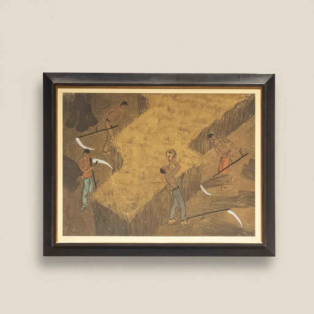 Gouache originale rehaussée d'or sur papier marouflé sur carton d'époque Art Déco (circa 1936), signée en bas à droite par Jean Dunand. L'œuvre représente cinq moissonneurs torses nus s'activant dans un champ de blé stylisé, maniant la faux ou liant les gerbes dans une composition fortement structurée aux tons terreux et dorés.

Cette étude préparatoire se rattache directement au projet du monumental panneau de 18 éléments en laque gravée à la feuille d'or réalisé par Jean Dunand pour l'Exposition Internationale des Arts et Techniques dans la Vie Moderne de Paris en 1937.

Œuvre en lien avec le projet monumental de l'Exposition Internationale de 1937. Répertorié dans Félix Marcilhac, « Jean Dunand : Sa vie, son œuvre », 1991, p. 149 (atelier de l'artiste) et p. 330 (nos 1229-1231 pour les panneaux en laque).

