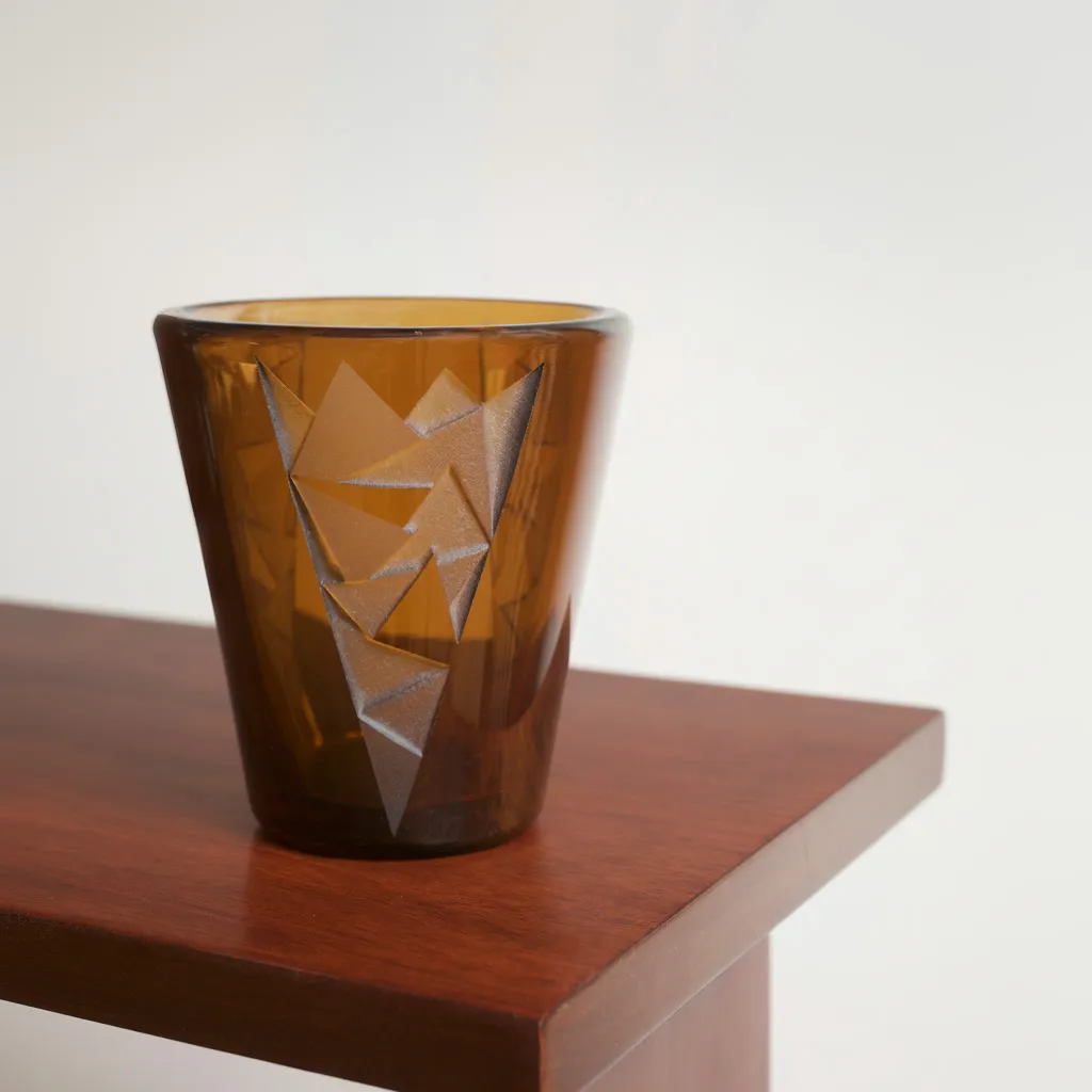 A flared vase with a wide neck and thick walls in amber-tinted glass. The body is punctuated around its circumference by a geometric composition of Cubist and crystalline inspiration, composed of interlocking, downward-pointing triangular facets, deeply acid-etched and sandblasted.