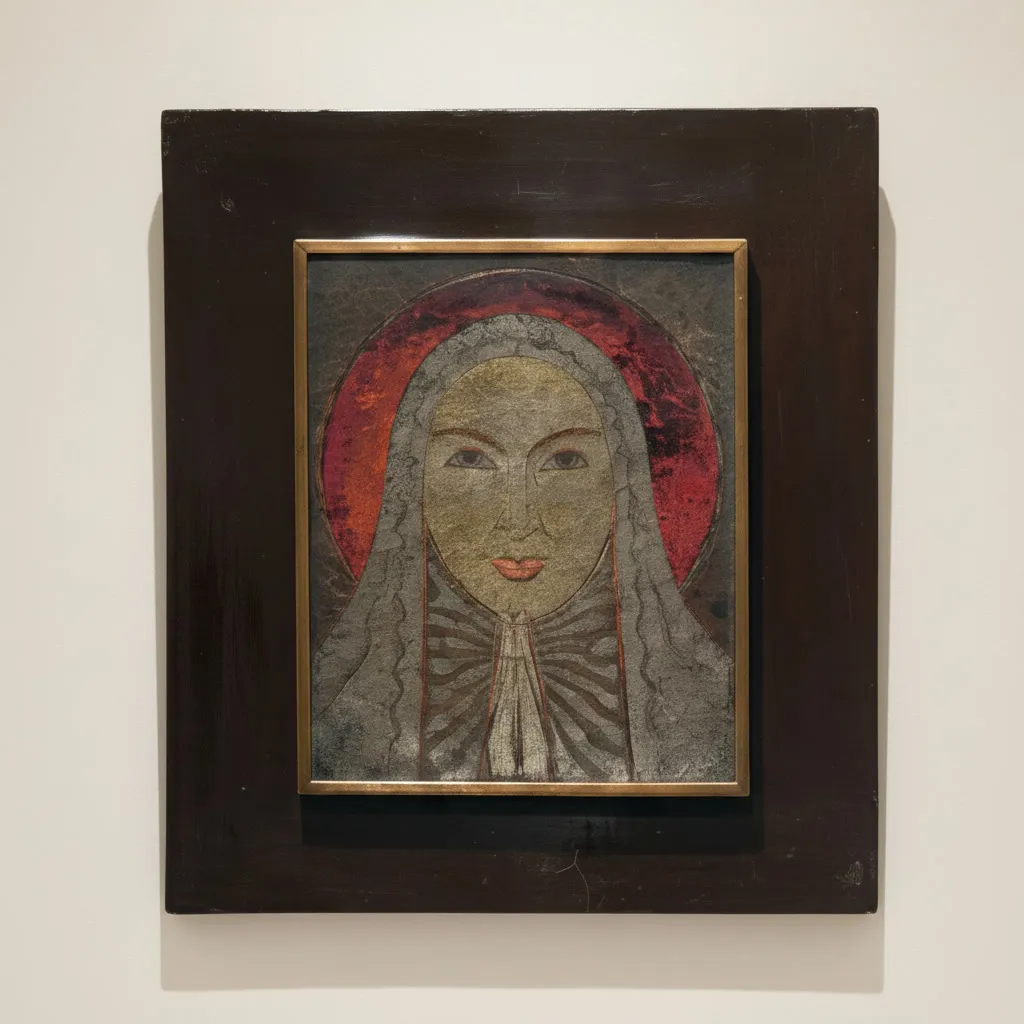 This collaborative artwork unites two master figures of Lyon Decorative Arts. It features a frontal portrait of the Virgin Mary with clasped hands, finely rendered in hammered dinanderie metalwork with gold, dark copper tones, and a crimson halo by Claudius Linossier. The plaque is mounted within its original brown lacquered frame crafted by André Sornay. 

Dated 1951 lower left and signed lower right. 