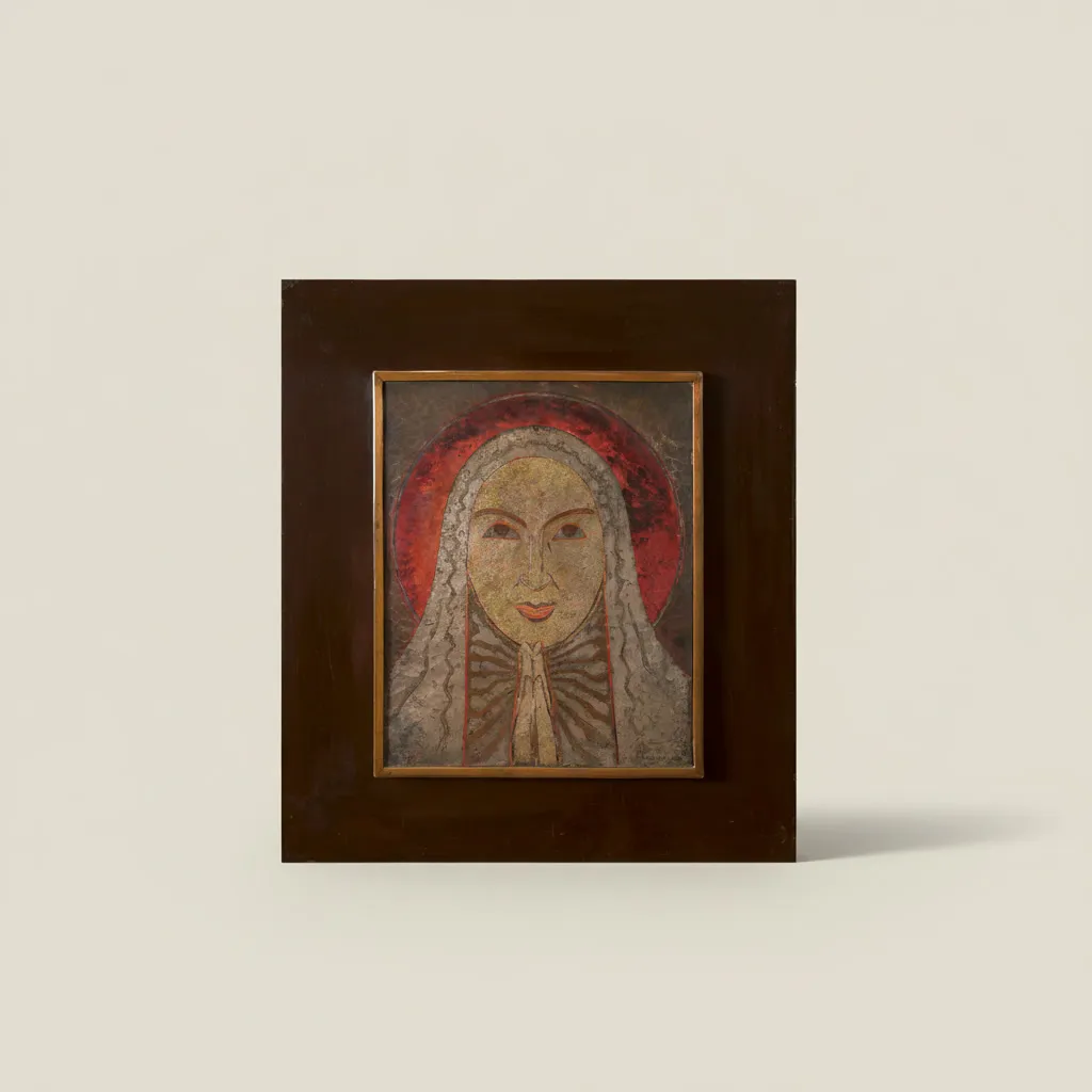 This collaborative artwork unites two master figures of Lyon Decorative Arts. It features a frontal portrait of the Virgin Mary with clasped hands, finely rendered in hammered dinanderie metalwork with gold, dark copper tones, and a crimson halo by Claudius Linossier. The plaque is mounted within its original brown lacquered frame crafted by André Sornay. 

Dated 1951 lower left and signed lower right. 
